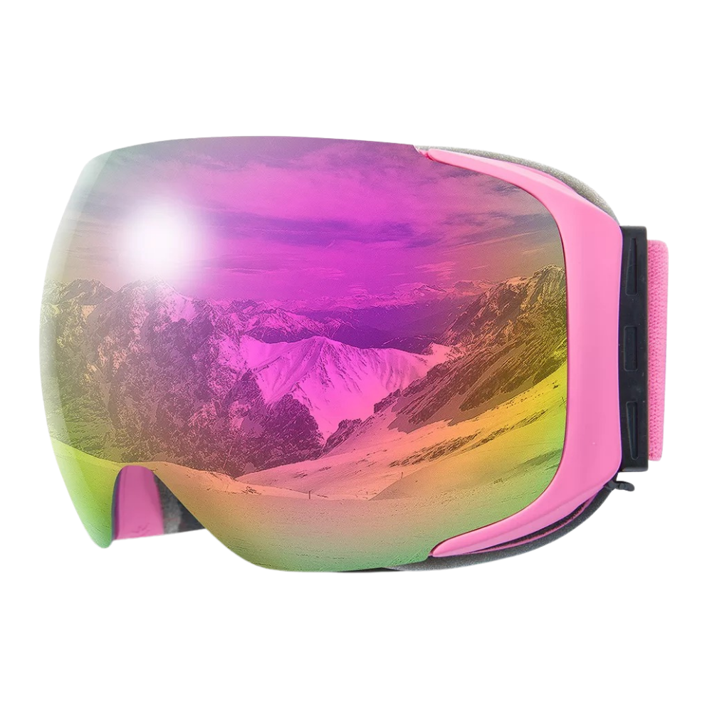 Óculos de proteção para neve Outdoormaster com armação rosa e kit de lentes extras para atividades de inverno.