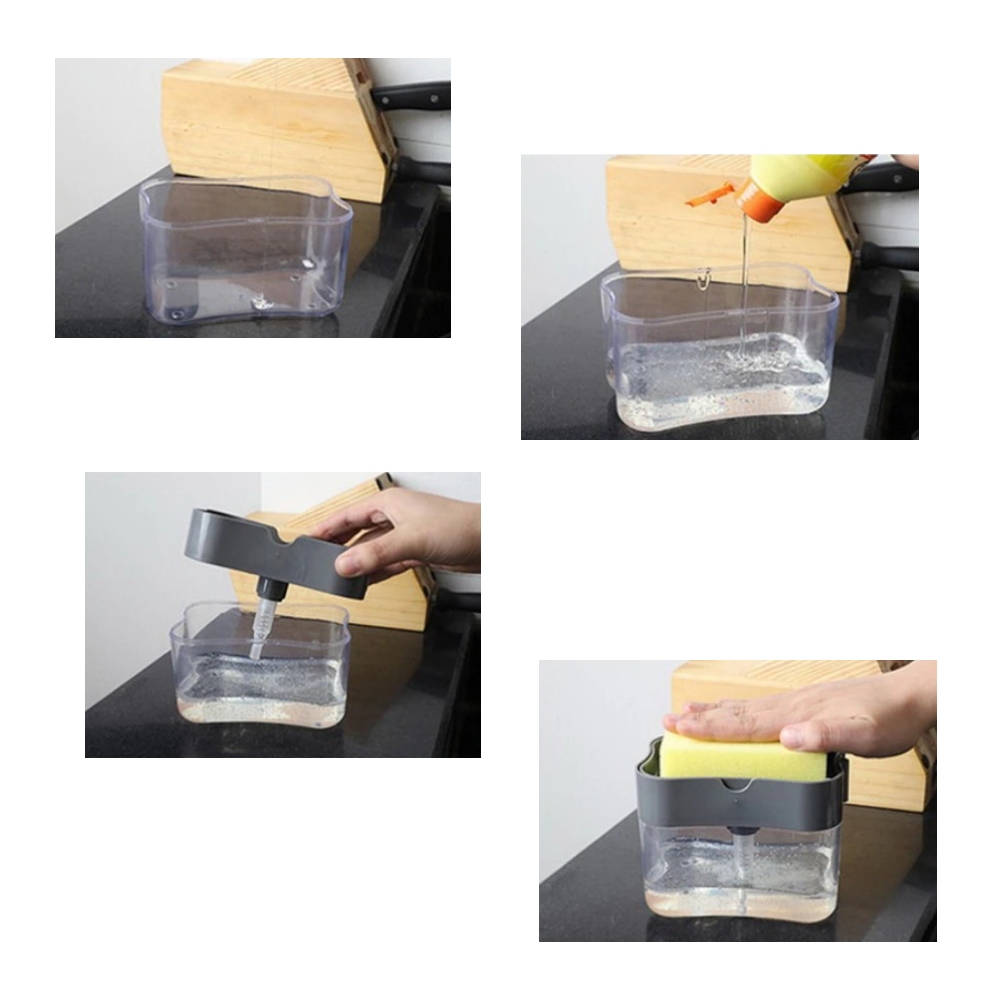 Distributeur de detergente de cozinha Doubleking com porta-esponja, recipiente compacto para sabão e loção.
