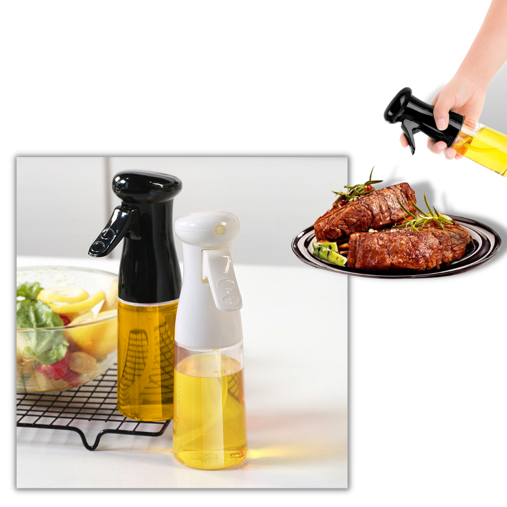 Garrafas de spray de óleo de cozinha, utensílio de pressão para cozinhar, com corpo transparente e bico de pulverização.