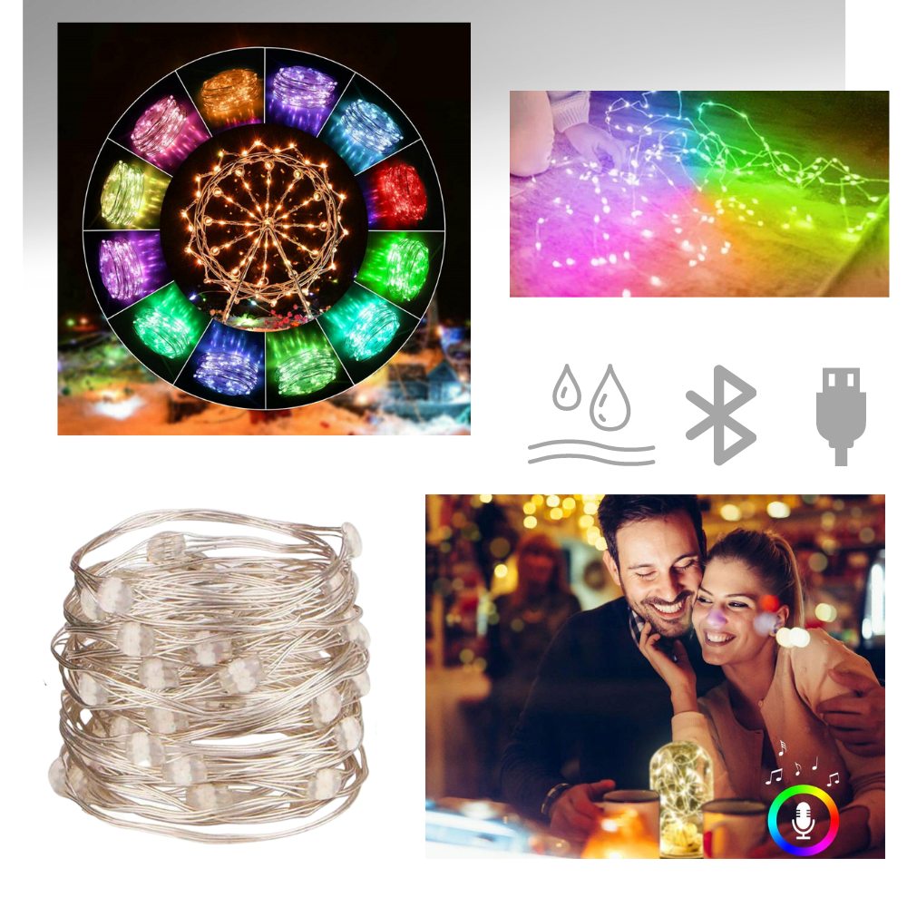 Guirlanda luminosa LED da Dystyle com fios transparentes e pequenas lâmpadas, ideal para decorar ambientes internos e externos.