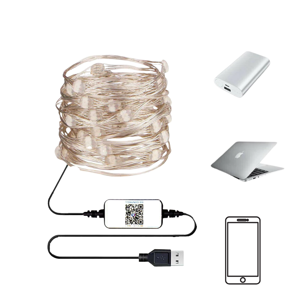 Guirlanda luminosa LED Dystyle com luzes USB para decoração de ambientes, com fios de luz e controle de energia.