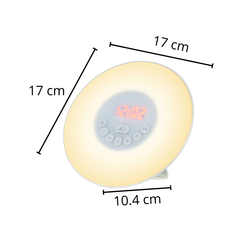Relógio despertador com simulação de nascer do sol da marca Cvb Inc, exibindo luz suave e design moderno.