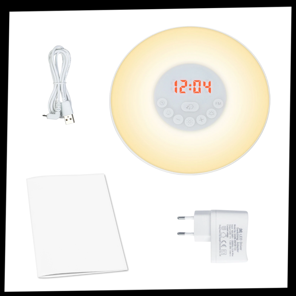 Relógio despertador com luz de amanhecer da marca Cvb Inc, exibindo uma simulação de nascer do sol.