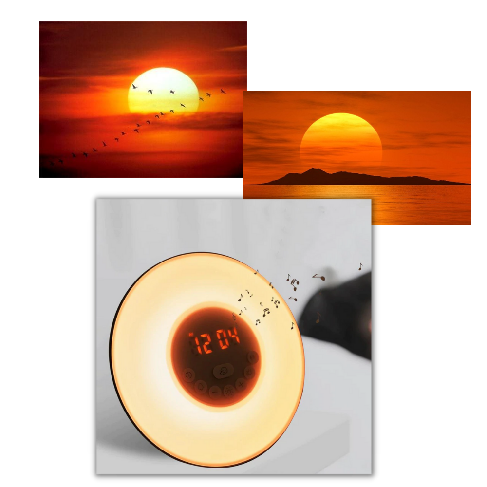 Relógio despertador com simulação de nascer do sol, marca Cvb Inc, exibindo luz gradual para despertar natural.