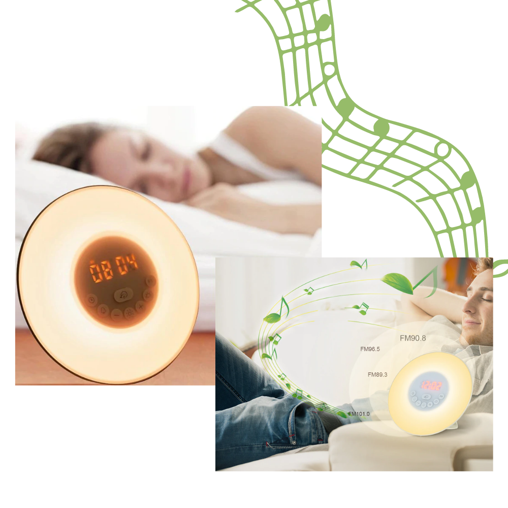Relógio despertador com simulação de nascer do sol da marca Cvb Inc, mostrando tela com luz suave e configurações de som.