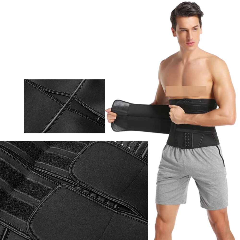 Cinto modelador aquecido Vaslanda com duas faixas para treinamento e fitness, em material preto e confortável.