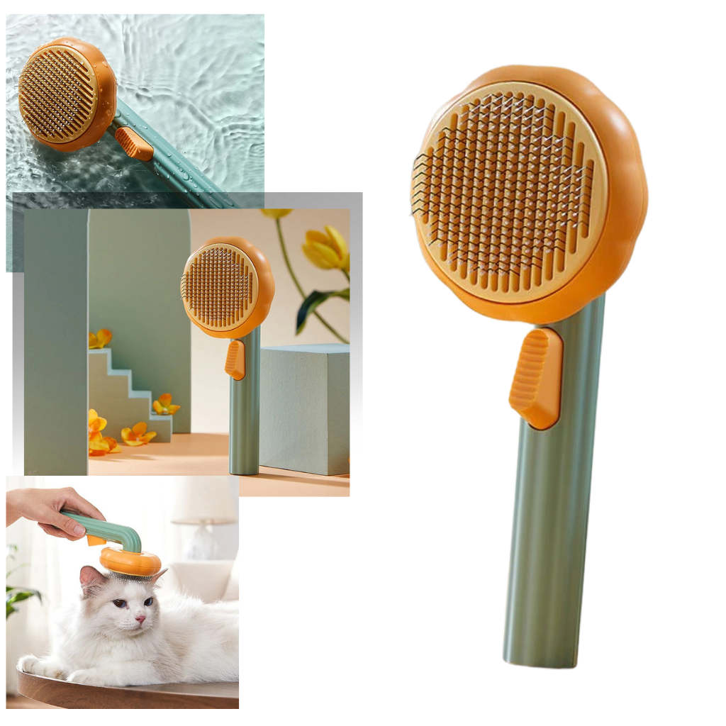 Escova autolimpante para animais de estimação da Longrv Inc, ferramenta de pet grooming com design de abóbora e sistema de limpeza automática.