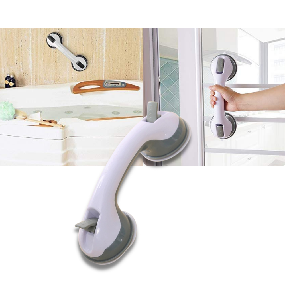 Barra de apoio para banho e ducha Rockjoy, resistente à umidade, instalada na parede para segurança ao entrar e sair do banho.