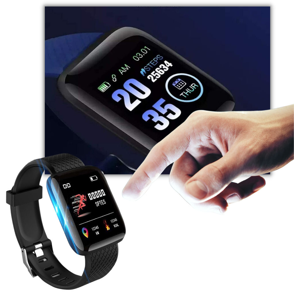 Relógio inteligente D13 com tela sensível ao toque em cores variadas, ideal para roupas fitness e esportes, exibe informações facilmente.