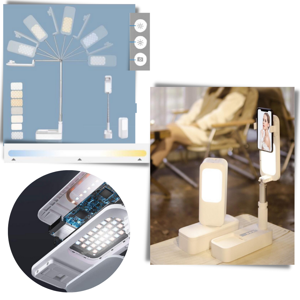 Suporte para smartphone Wmtec com kit de iluminação Bluetooth integrado com 6 efeitos de luz para fotos e vídeos.