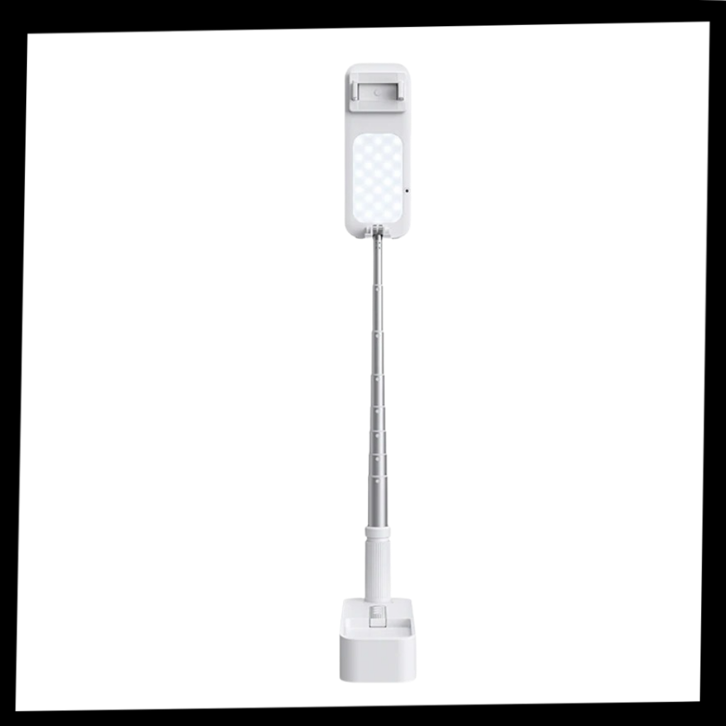 Suporte para smartphone Wmtec com kit de iluminação Bluetooth integrado, acessório para tripé ou monopé.