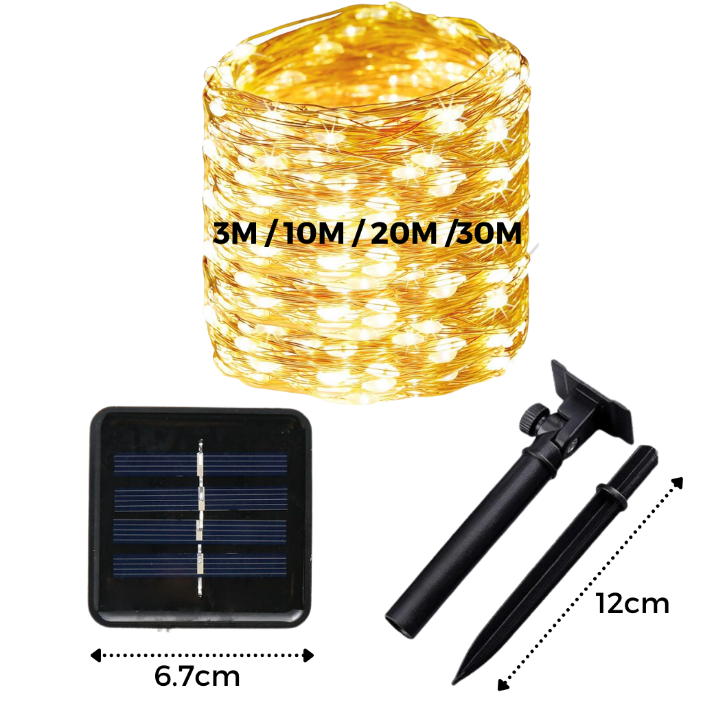 Luminária solar com fios de LED da Pure Garden, decorativa e iluminada para ambientes externos, mostrada na imagem.