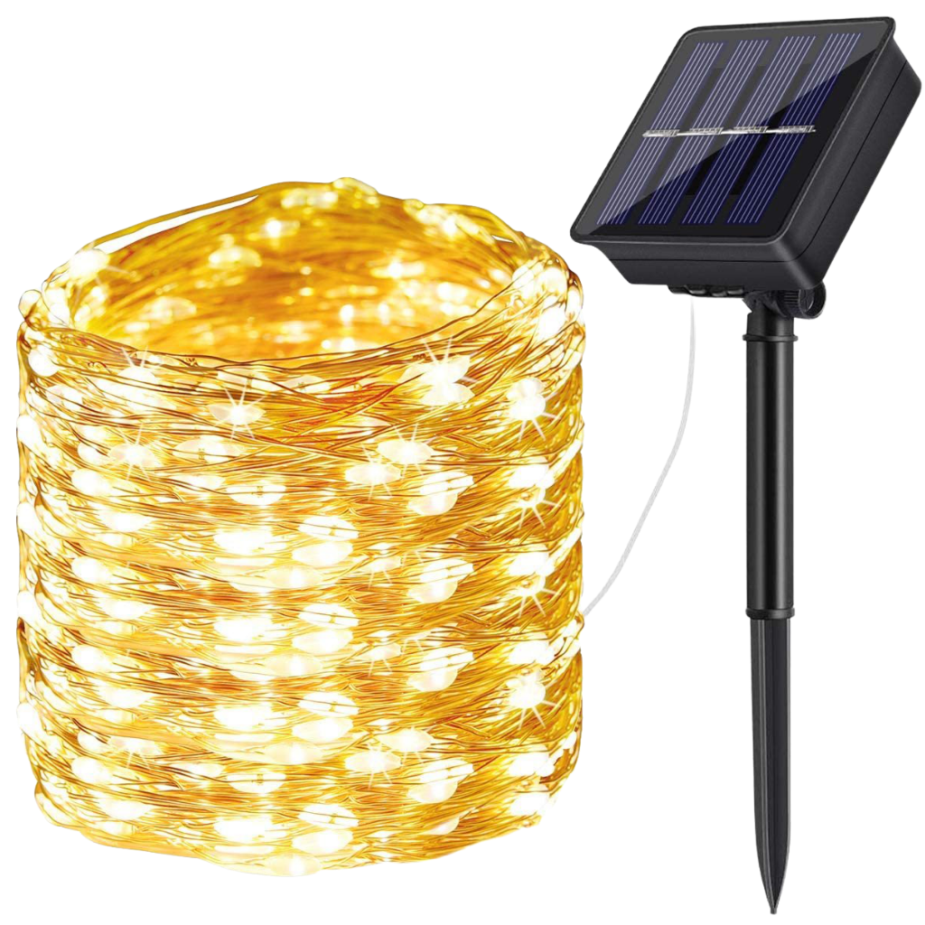 Luminária guirlanda solar com luzes LED quentes, ideal para decoração ao ar livre, marca Pure Garden, visível na imagem.