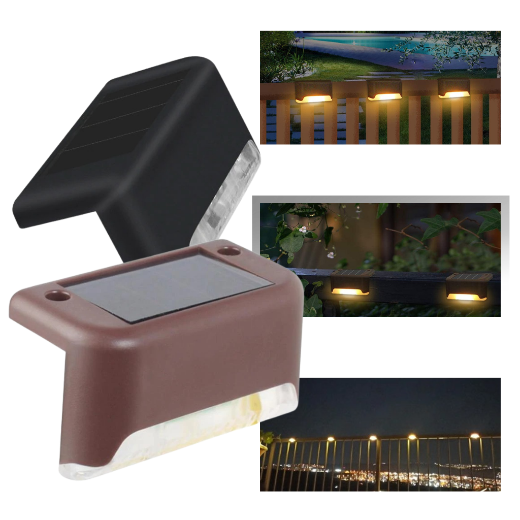 Conjunto de 4 lampadas solares LED da Baumaty para escadas, iluminação de ambiente com energia solar, visível na imagem.