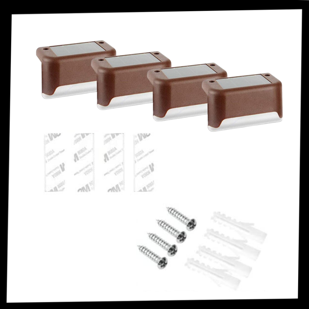 Conjunto de 4 lampadas solares LED para escadas da marca Baumaty, iluminação de ambiente e segurança para degraus ao ar livre.