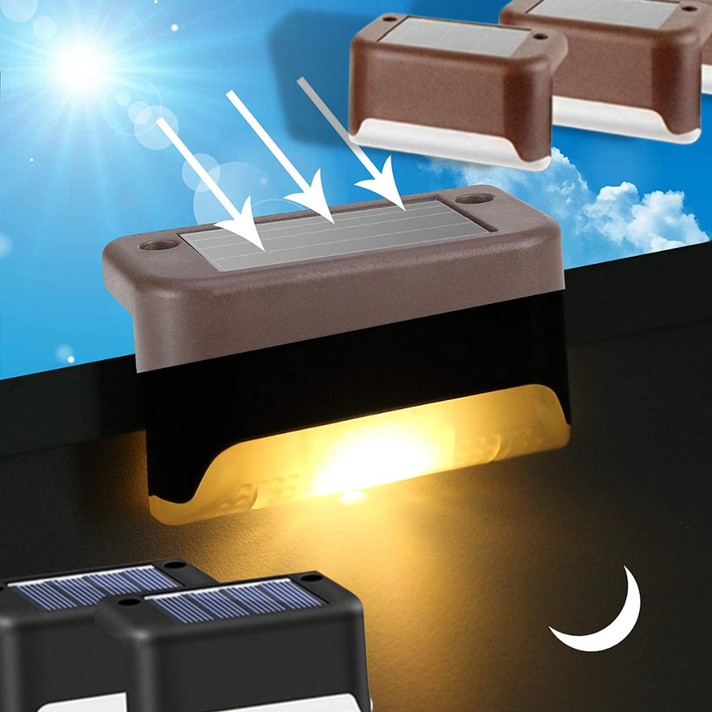 Conjunto de 4 lampadas solares LED para escadas, com energia solar e bateria, iluminação de ambiente da marca Baumaty.