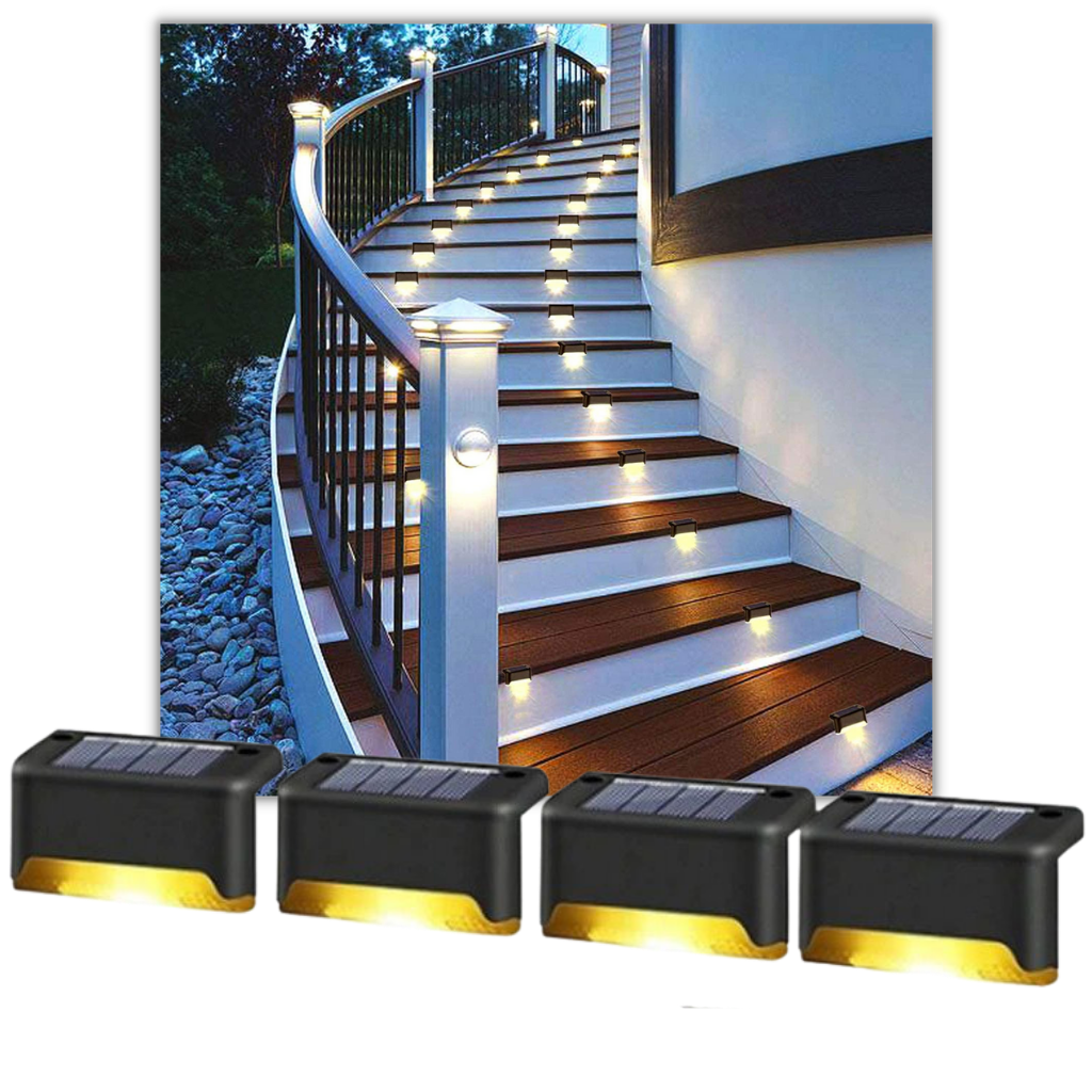 Conjunto de 4 luminárias solares LED para escadas com luz quente, ideais para iluminação de degraus e ambientes externos.