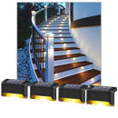Conjunto de 4 luminárias solares LED para escadas com luz quente, ideais para iluminação de degraus e ambientes externos.