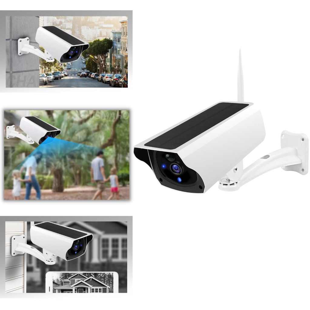 Câmera de vigilância solar Ktnajol com lente grande angular, instalada ao ar livre, protegida contra intempéries, em operação.