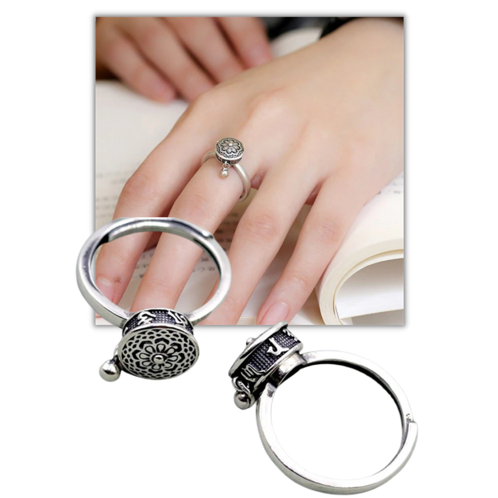 Joia spinner de mantra budista vintage em prata banhada, brinquedo de atividade Harupink com design giratório para mulheres