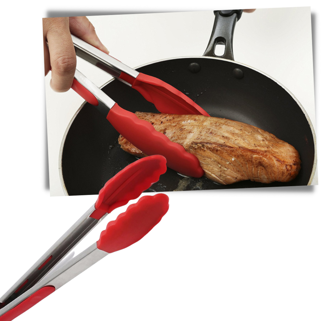 Pinça de churrasco em aço inox com empunhadura de silicone, utensílio de cozinha resistente para grelhar e servir alimentos.