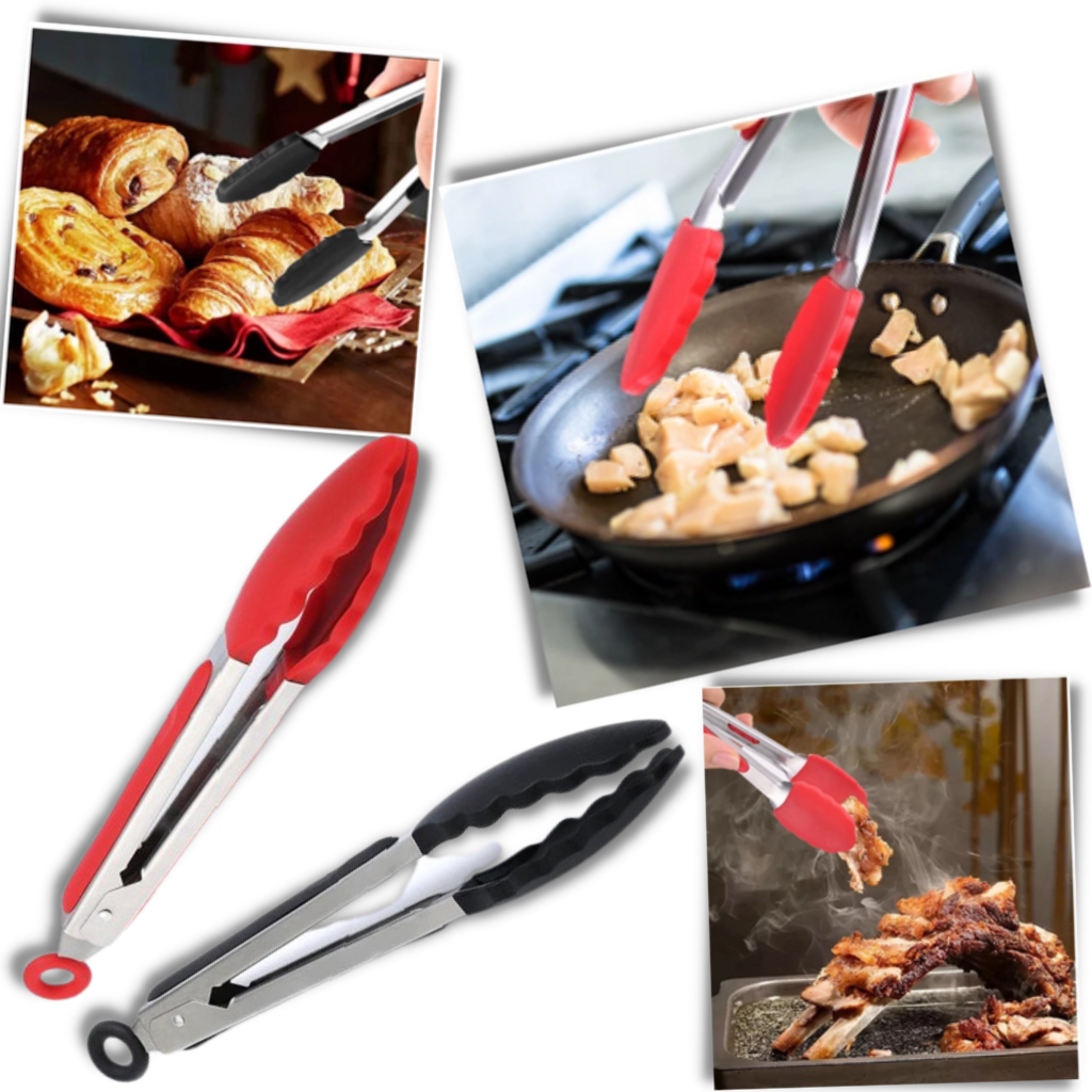 Pinça de churrasco em aço inox com empunhadura de silicone, utensílio de cozinha resistente para grelhar e servir alimentos.