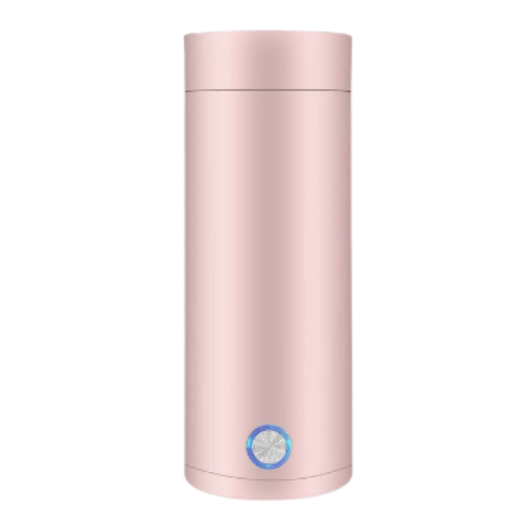 Chaleira elétrica portátil de 400ml da Petmoko em aço inoxidável rosa, ideal para aquecer água de forma prática.