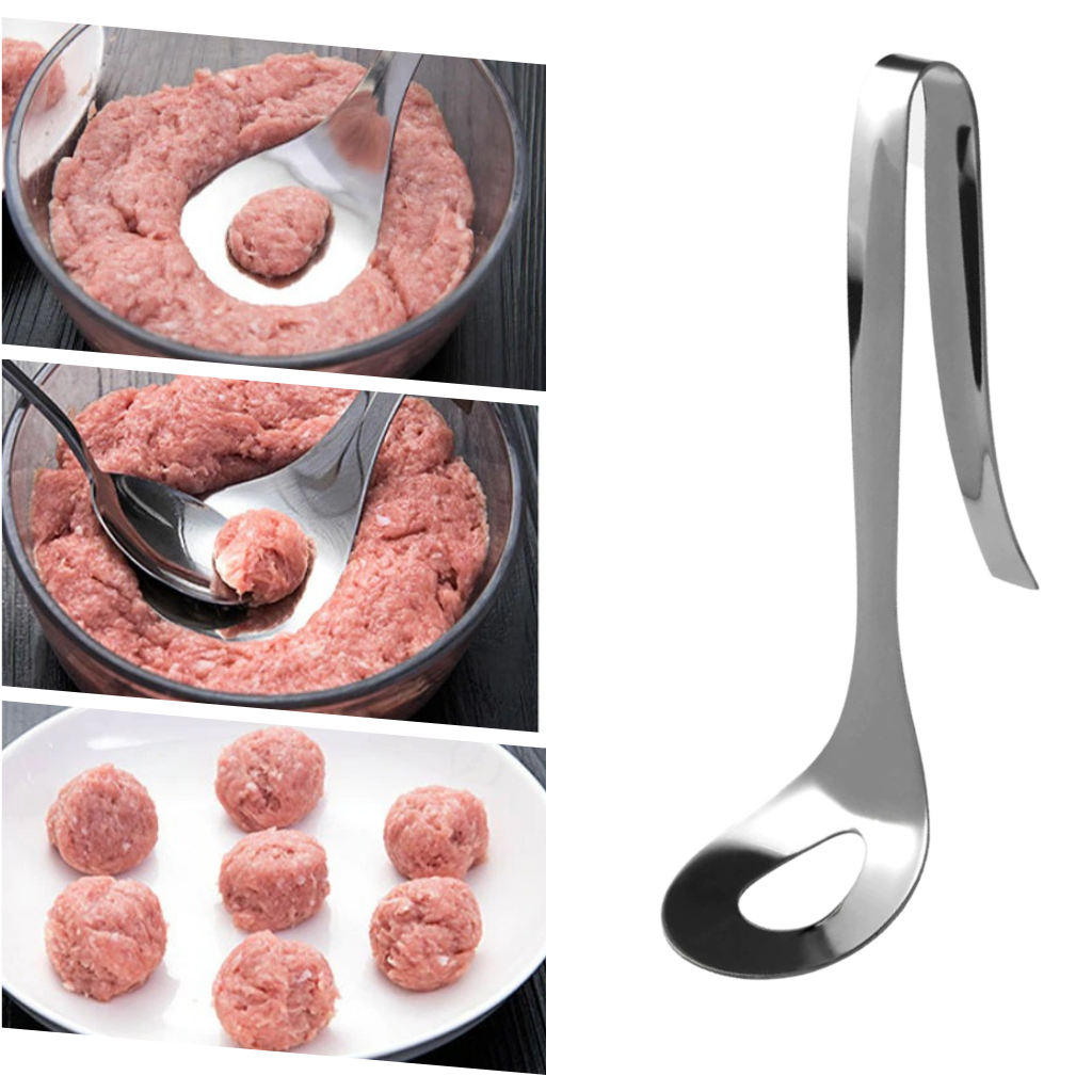 Colher de aço inox para fazer almôndegas, utensílio de cozinha da marca Ranludas, com cabo confortável e espaço para bolas de carne.