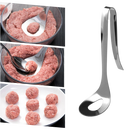 Colher de aço inox para fazer almôndegas, utensílio de cozinha da marca Ranludas, com cabo confortável e espaço para bolas de carne.