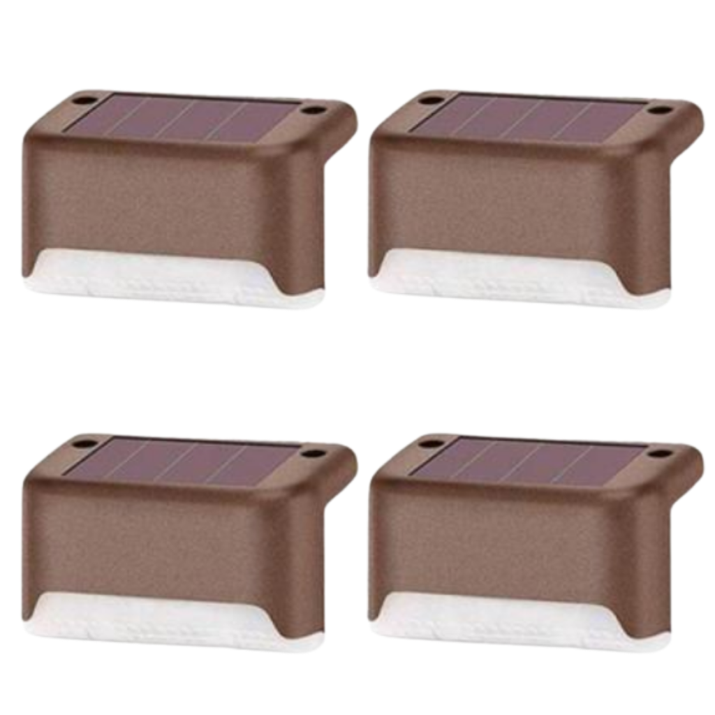Conjunto de 4 luminárias solares LED para escadas ao ar livre, em cor marrom, para iluminação de ambiente externo.