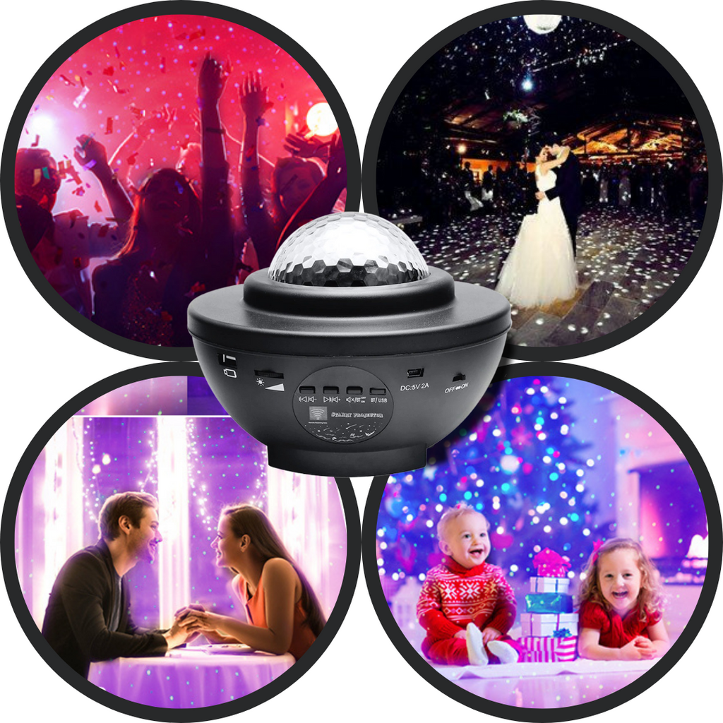 Lâmpada projetora de céu estrelado Aetomce com alto-falante Bluetooth, ideal para ambientes e eventos.