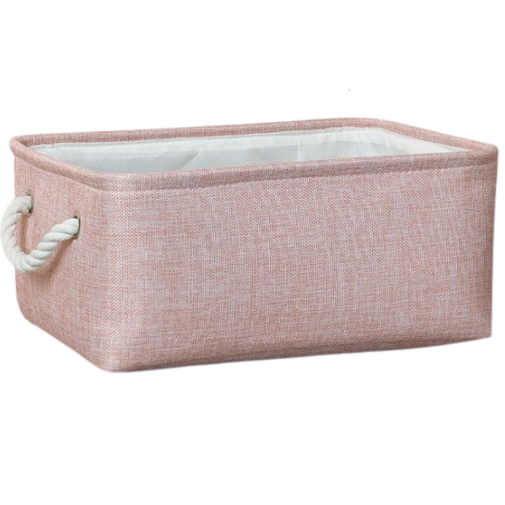 Cesto de roupa elegante com alças de corda rosa da marca Skylight, design moderno e funcional para organização de roupas.