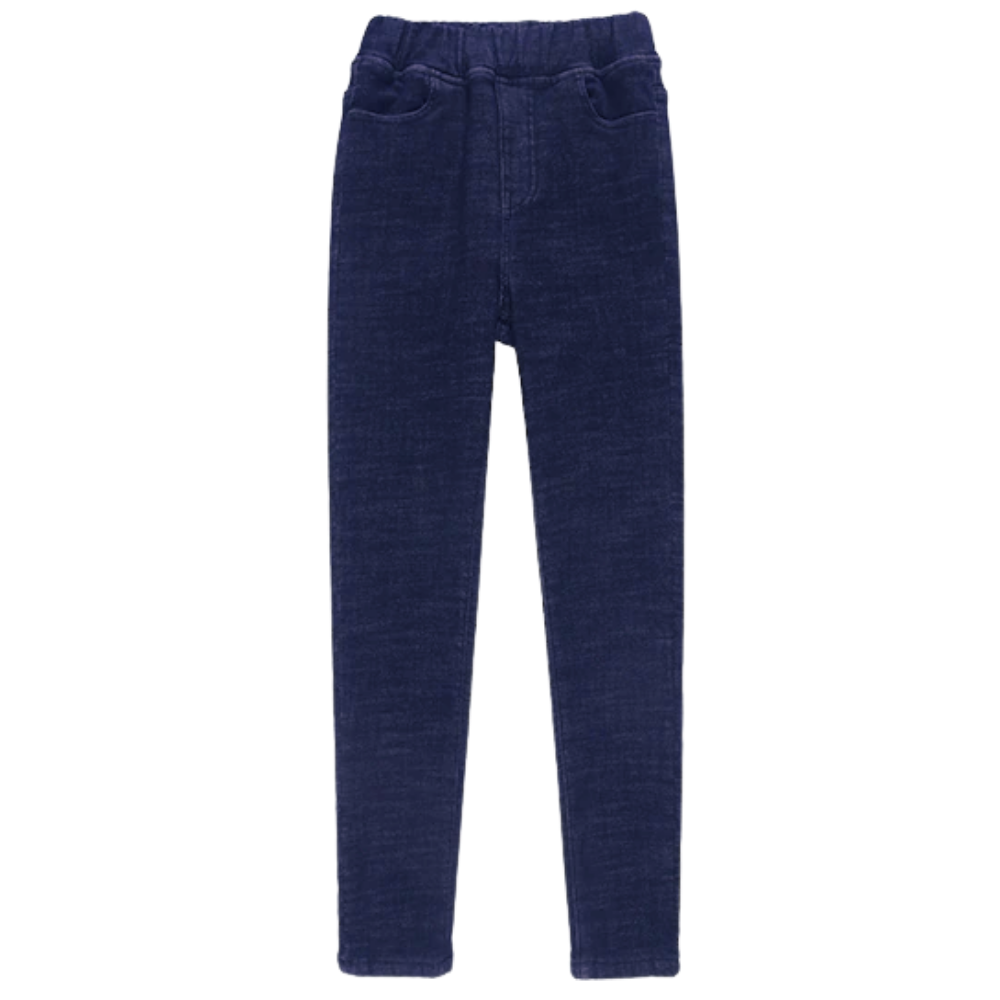 Jeggings térmicas de lã polar para mulheres da Plush, em azul, com tecido quente e confortável para o inverno.