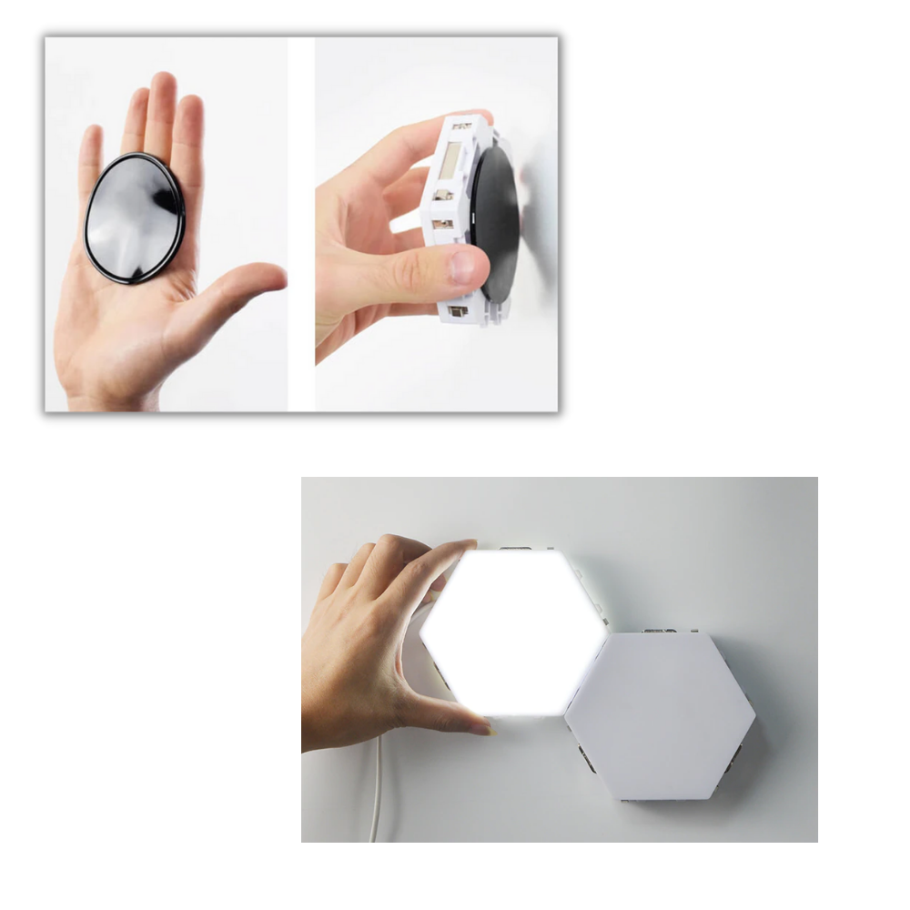 Conjunto de 3 luminaires modulares Gldzi com controle táctil, mostrado durante instalação em ambiente interno.