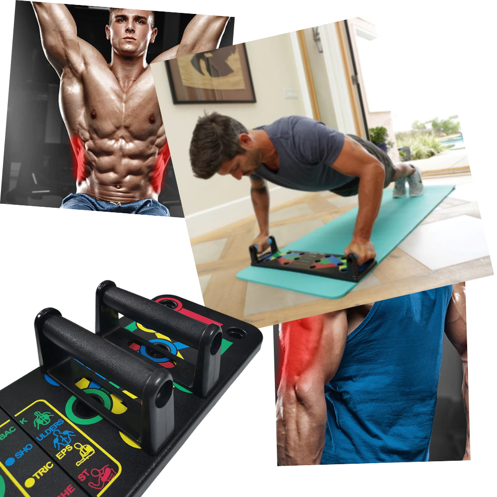 Placa de treino 9 em 1 da Buena Salud para exercícios de fitness e treinamento físico, com várias opções de uso.