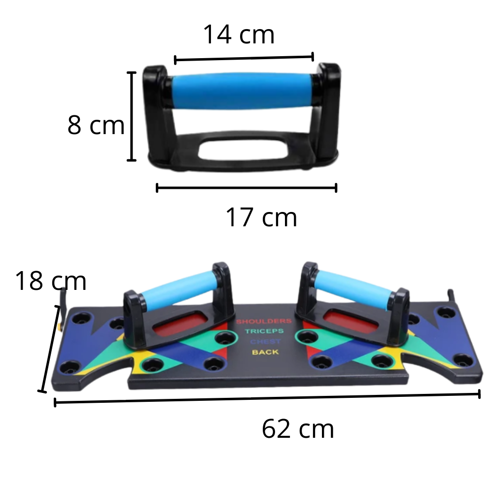 Placa de treinamento 9 em 1 da Buena Salud para exercícios e fitness, com várias áreas de suporte para treino completo.