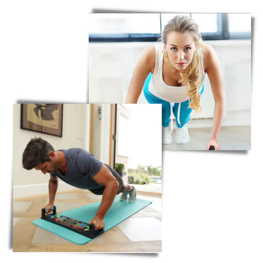 Placa de treino 9 em 1 da Buena Salud com diferentes áreas para exercícios de fitness e treinamento em casa.