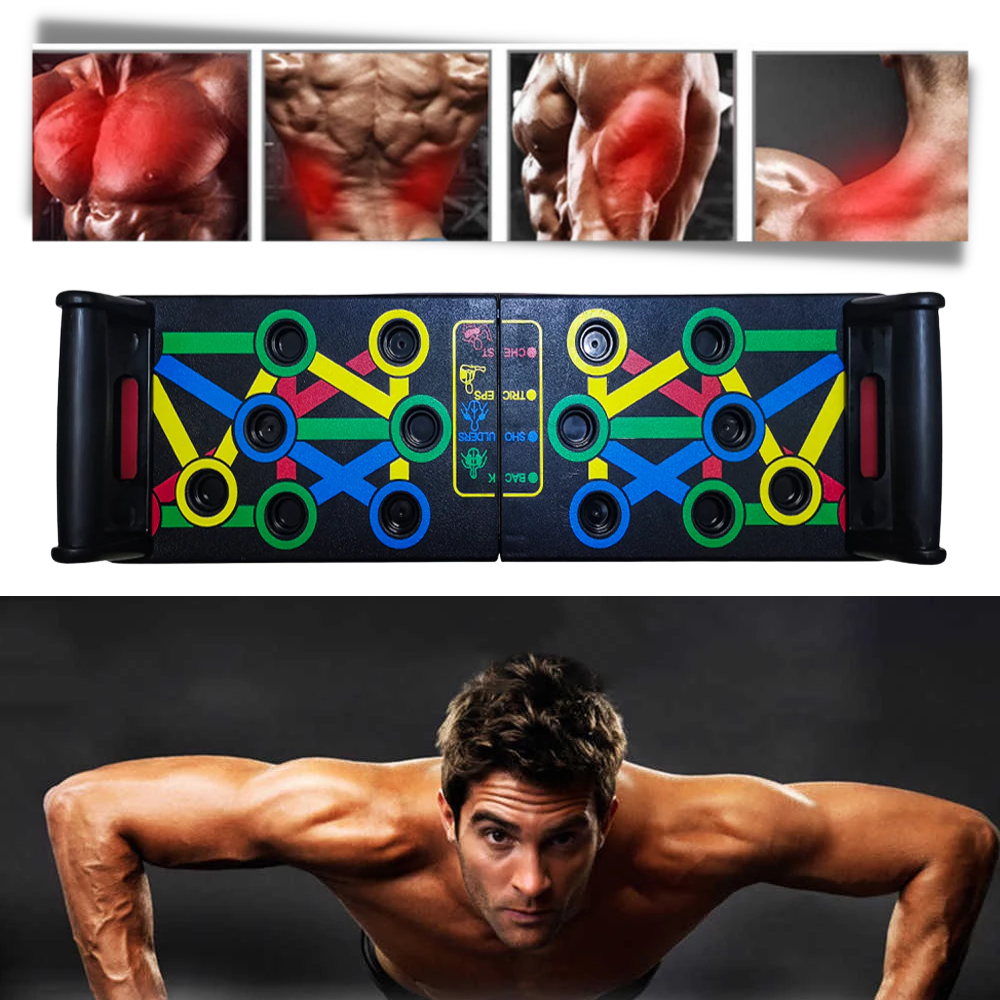 Imagem de uma prancha de treinamento 9 em 1 da Buena Salud, mostrando diferentes exercícios de musculação e fitness.