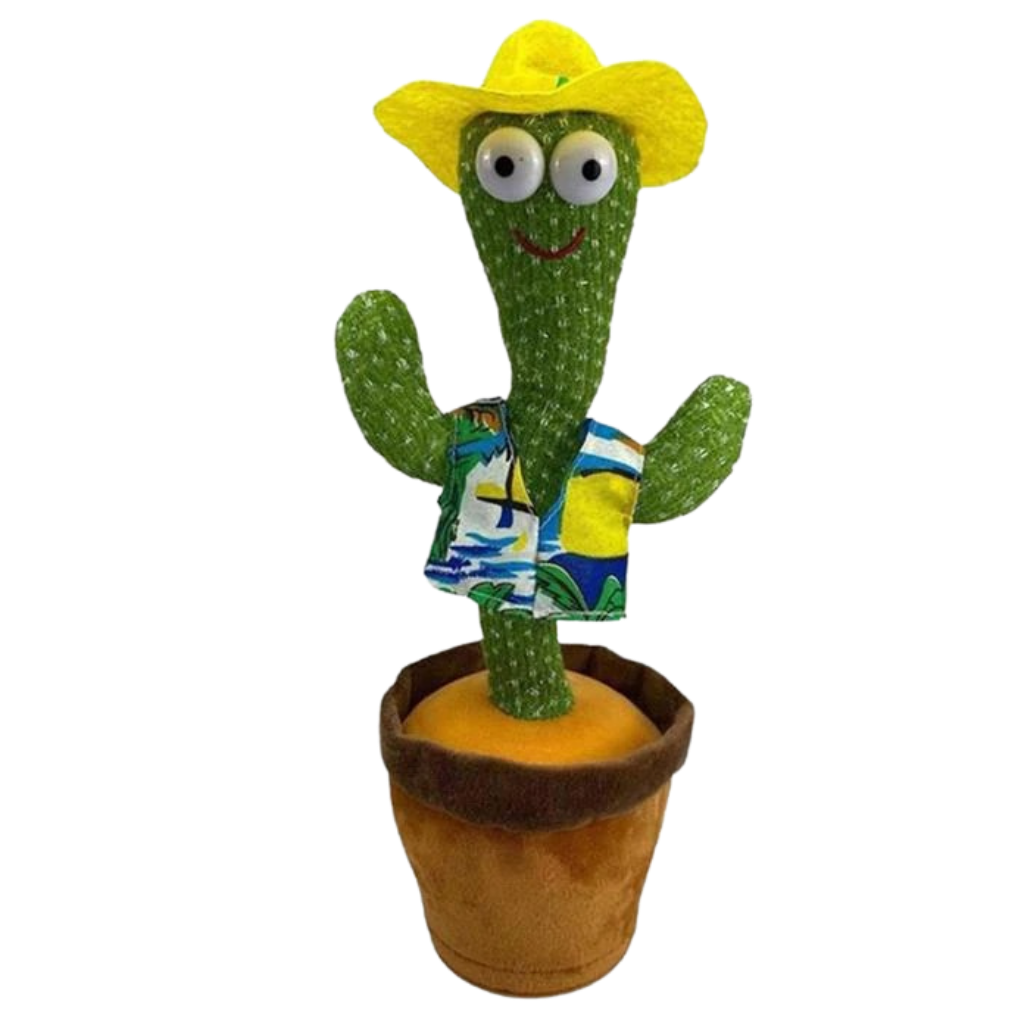 Cacto dançante da marca Eastjing, brinquedo interativo com design de cactus falando, com papagaio colorido em fundo branco.