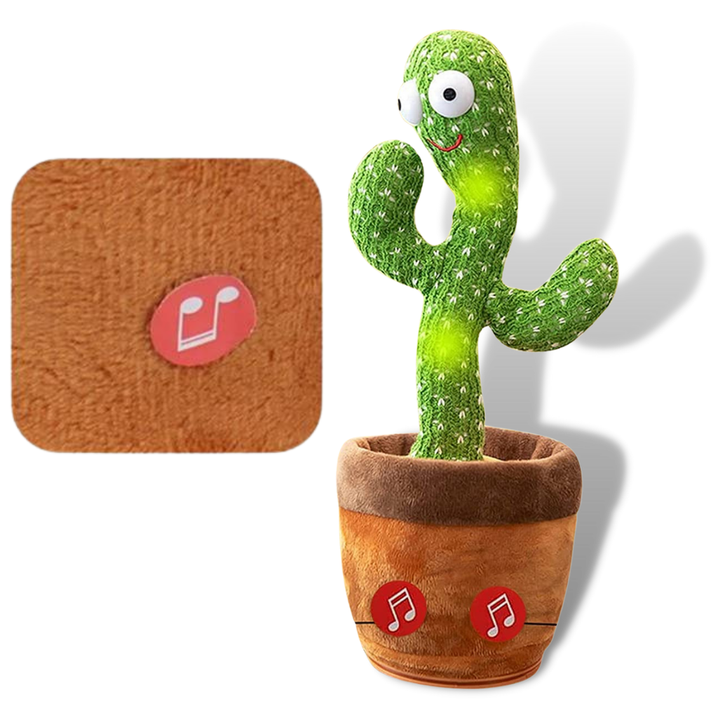 Cacto dançante da marca Oranga Inc, brinquedo que fala e repete sons, com aparência de cacto verde e divertido.