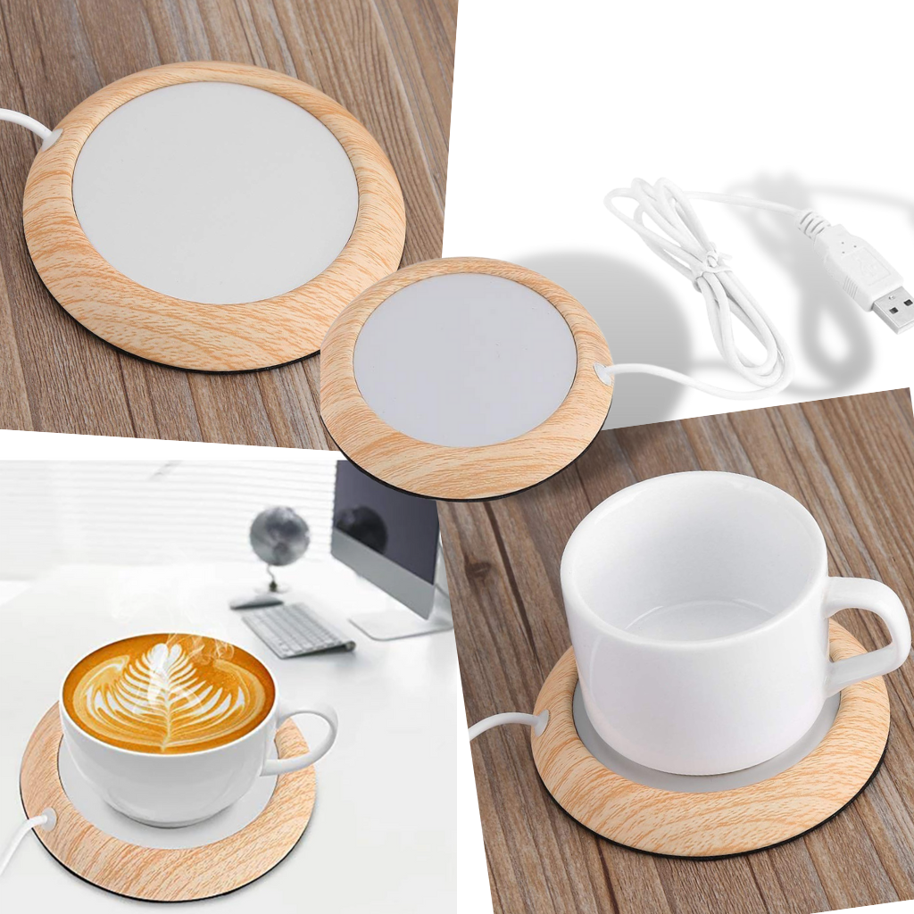 Aquecedor de xícaras elétrico USB em madeira, compacto e funcional para manter bebidas quentes, marca Supervalue.