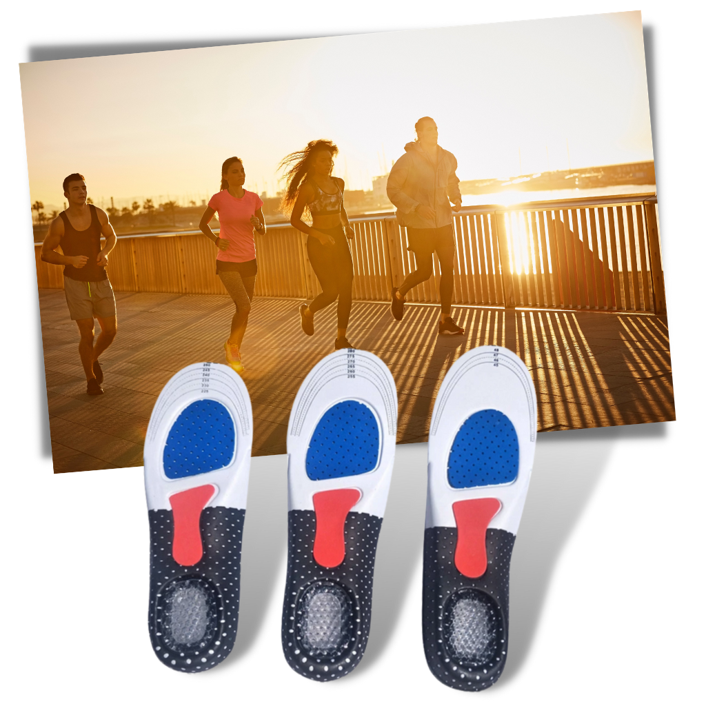 Solas de gel unissex para tênis de corrida, conforto e suporte para pés, em embalagem com insoles para homens e mulheres.