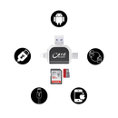 Adaptador universal de cartão SD Taluosi, compatível com diferentes tamanhos de cartões SD, mostrado em dimensões e detalhes.
