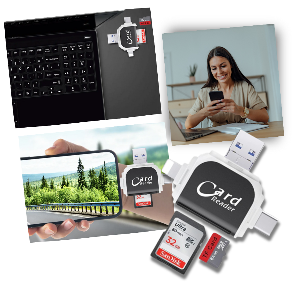 Adaptador universal de cartão SD Taluosi, compatível com diferentes modelos, conectado a um dispositivo eletrônico.