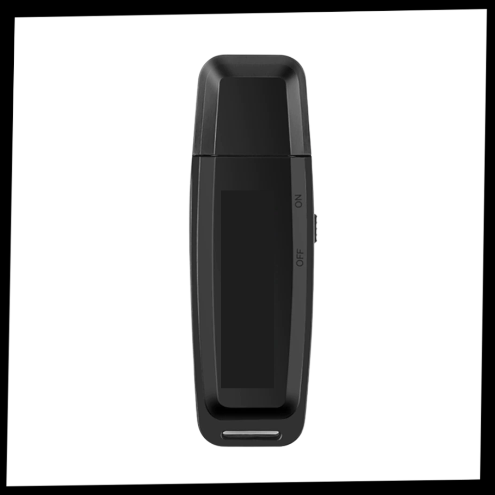 Gravador de voz USB genérico, dispositivo portátil para gravações de áudio com botão de captura e indicador de funcionamento.