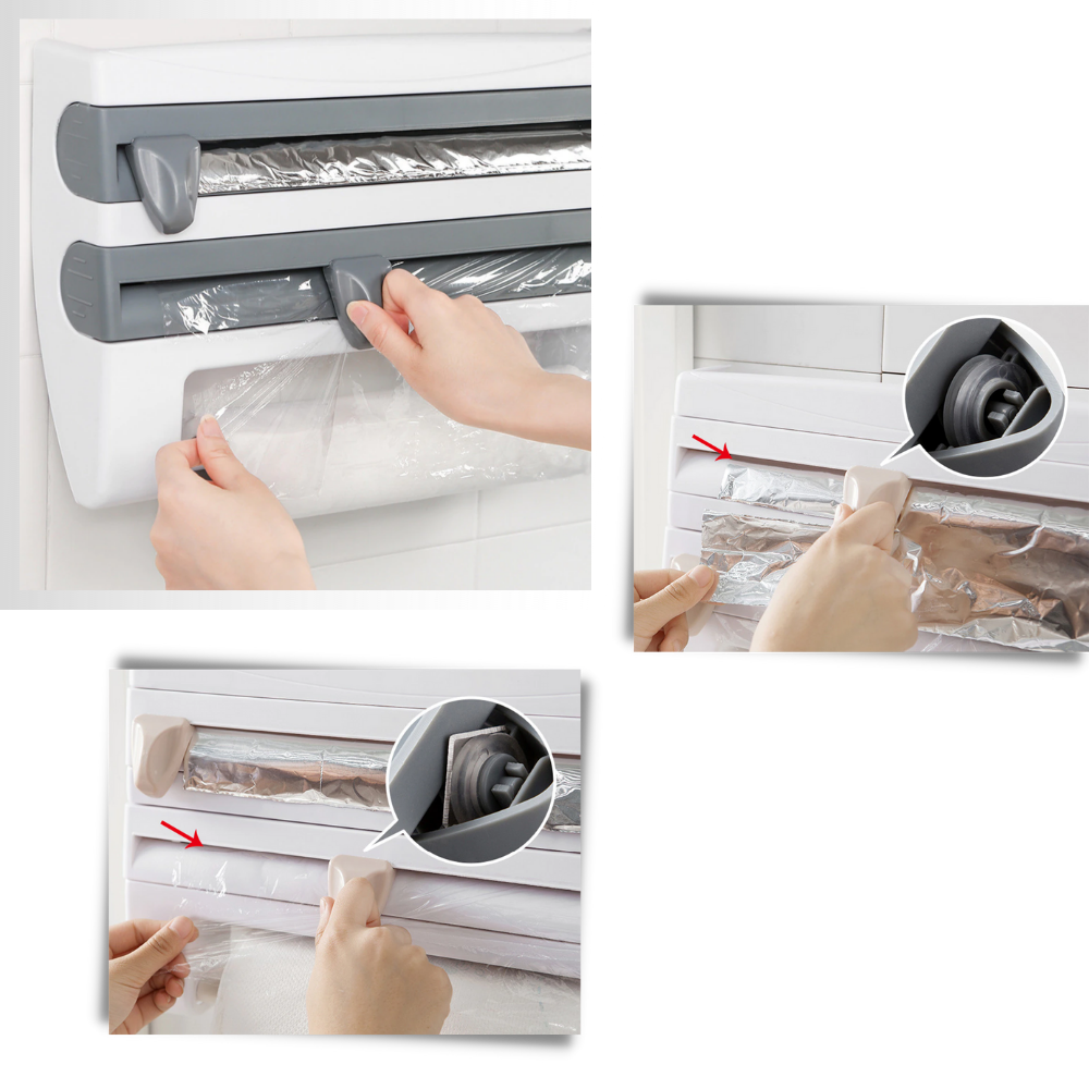 Suporte de parede 4 em 1 para filme, papel toalha e outros utensílios de cozinha da Xiaoluokaixin, com compartimentos de corte.