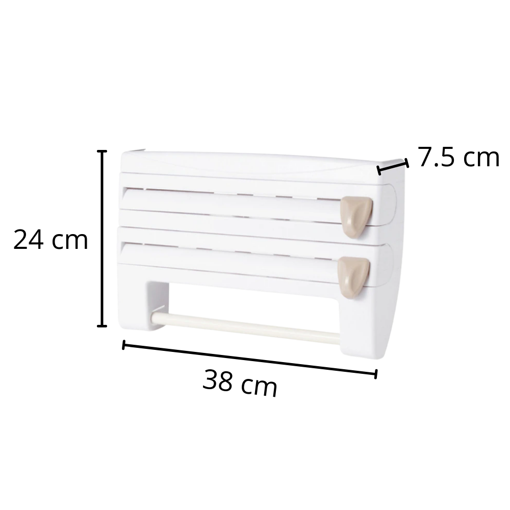 Suporte de parede 4 em 1 para filme plástico, papel toalha e utensílios de cozinha Xiaoluokaixin, fixado na parede com dimensões.