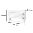 Suporte de parede 4 em 1 para filme plástico, papel toalha e utensílios de cozinha Xiaoluokaixin, fixado na parede com dimensões.