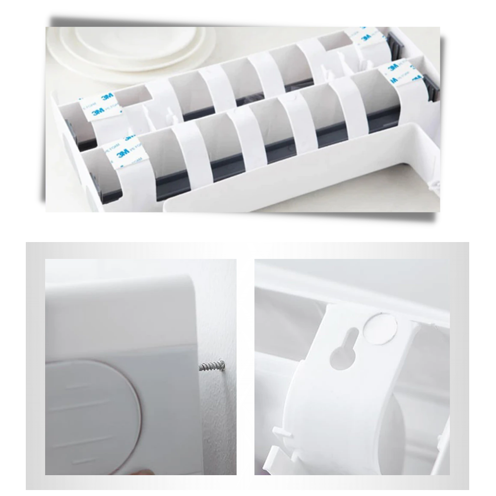 Suporte de parede 4-em-1 para filme plástico, papel toalha e utensílios de cozinha Xiaoluokaixin, instalado na cozinha.