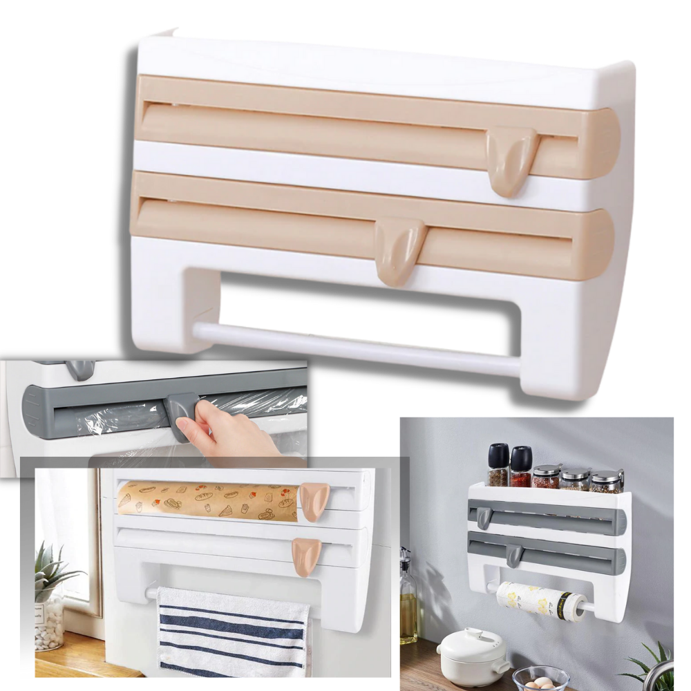 Suporte de parede 4-em-1 para filme plástico, papel toalha e outros utensílios de cozinha, marca Xiaoluokaixin